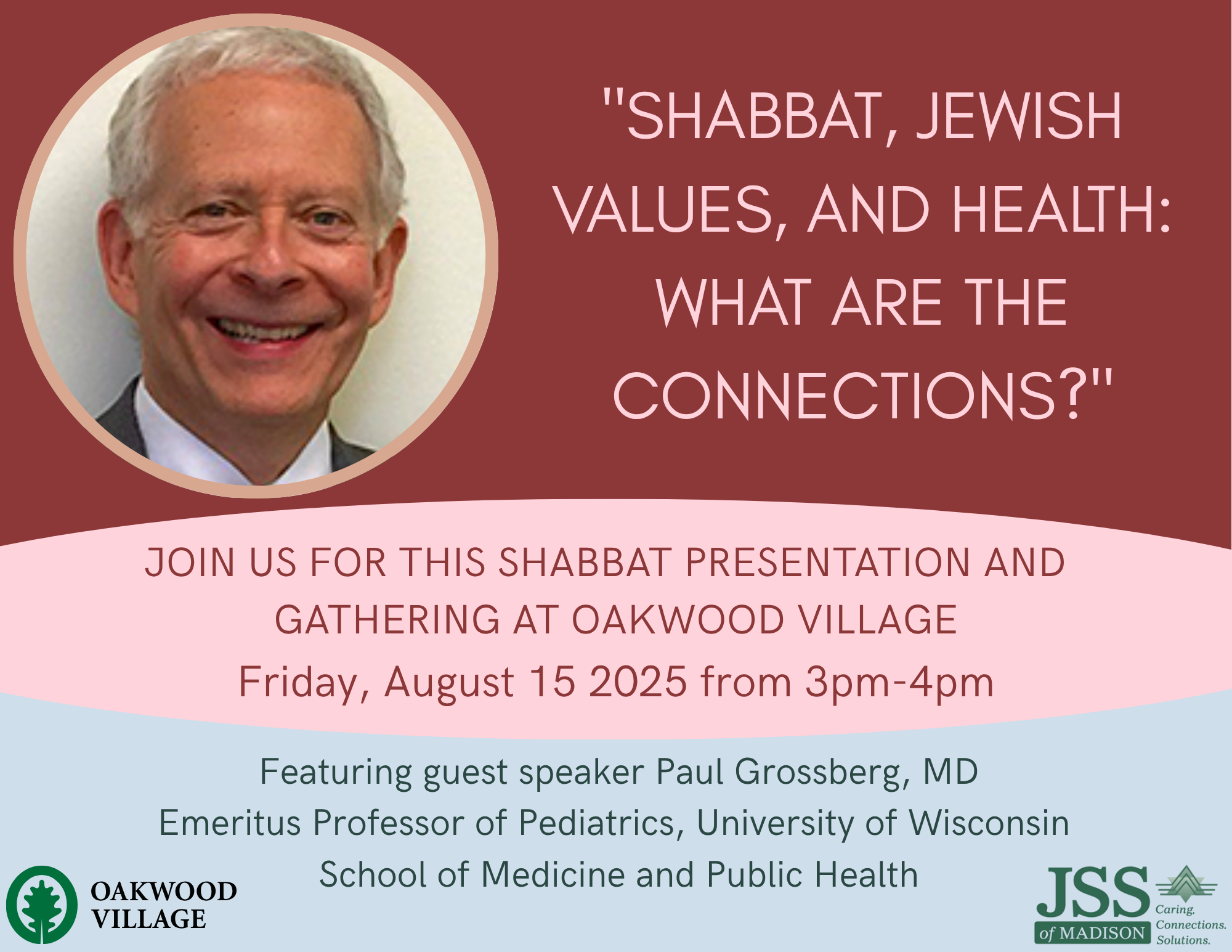 Announcement for a Shabbat presentation with a smiling elderly man and event details.